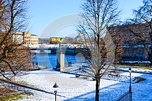 Snowfall on a park in Stockholm, Sweden