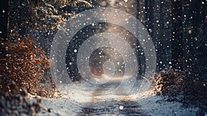 Snowfall on a Path Through a Snowy Winter Forest
