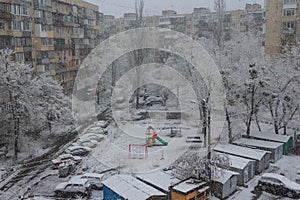 Snowfall in a residential area of Kyiv. Ukraine
