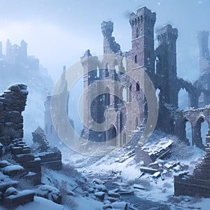 Snowfall and Ruins of an Abandoned Castle. AI Generated