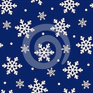 Snowfall seamless vector pattern. Hand-drawn snowflakes on a blue background. White ice crystals, blizzard. Abstract