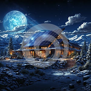 Snowfall Serenity: Solar-Powered Home Under Fuji\'s Magical Glow, generative ai