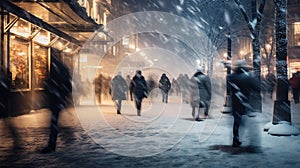 Snowfall on srteet with people motion blur view , concept of Blurred motion, created with Generative AI technology photo