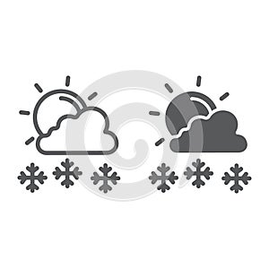 Snowfall in sunny day line and glyph icon, weather and forecast, sun and snow sign, vector graphics, a linear pattern on