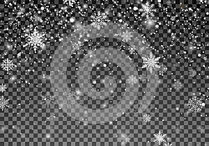 Snowfall template. Christmas snow. Falling snowflakes on transparent background. Xmas holiday background. Vector illustration