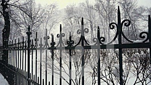 Snowfall and the town park fence