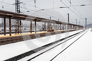 Snowfall at the train station in Wiesbaden