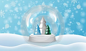 Snowfall And White Glass Clobe With Snow And Fir Tree