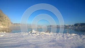 Snowfall. Winter landscape in the river.