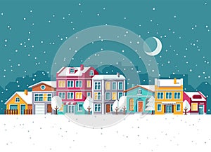 Snowfall in winter town with small houses cartoon vector illustration. Christmas holidays concept