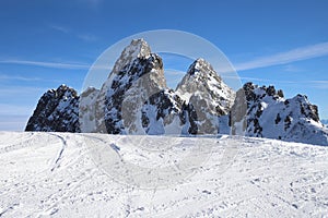 Snowfield and snow covered high alpine mountain peaks