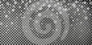 Snowflake background vector. Christmas snow fall decoration effect. Transparent pattern.