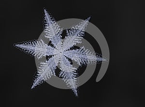 Snowflake on black background. This illustration based on macro photo of real snow crystal, 3d illustration