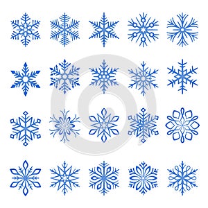 Snowflake blue line icons on white background