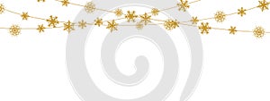 Snowflake border background for Christmas card. New Year golden decoration. Hanging glitter snowflake - vector