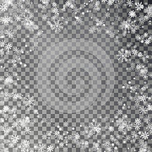 Snowflake border vector isolated on transparent background. Christmas falling snow frame. Winter xma