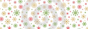 Snowflake Christmas background. Red, green, gold falling snowflakes banner. Hello winter border. Color snowfall frame