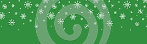 Snowflake Christmas background. White snowflakes green frame. Happy Holiday card. Hello winter border. Color snowfall