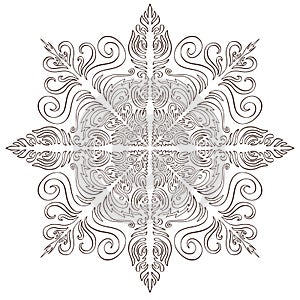 Snowflake Christmas illusration. Adult coloring page or temporary tattoo. Creative New Year snowflake print