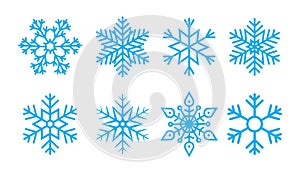 Snowflake for christmas. Snow flake for winter. Blue icons. Pattern of ice stars. Set of cold crystal symbols on white background