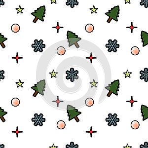 Snowflake, Christmas tree, decorative ball, star, seamless pattern background. Perfect for winter holiday fabric, giftwrap,