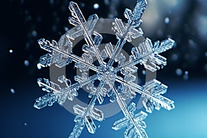 Snowflake closeup isolated on winter snow blue background. Copy space. Ice crystal. Frozen water in snowflake shape. Winter