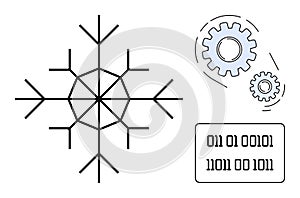Snowflake, Binary Code, and Gear Icons Representing Data, Technology, and Innovation