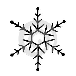 Snowflake in doodle style for winter design. Hand drawn snowflake isolated on whit background. Snowflake icon. Drawing snow