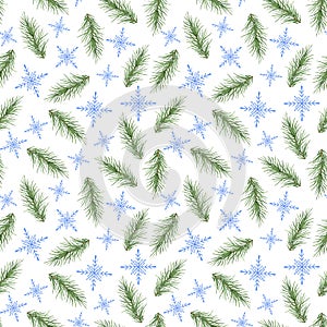 Snowflake, fir tree branch seamless pattern Christmas winter holidays hand drawn symbol of end of the year family