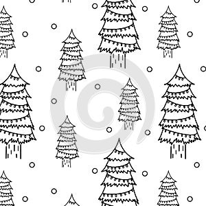 Snowflake with fir tree garland black white vector illustration calligraphy brush element. Hand drawn winter snow pine symbols