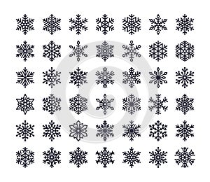 Snowflake flat icons set. Collection of cute geometric snowflakes, stylized snowfall. Design element for christmas or