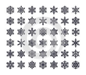 Snowflake flat icons set. Collection of cute geometric snowflakes, stylized snowfall. Design element for christmas or