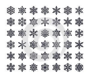 Snowflake flat icons set. Collection of cute geometric snowflakes, stylized snowfall. Design element for christmas or photo