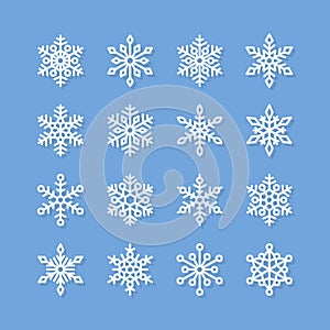 Snowflake flat icons set. Collection of cute geometric stylized snowflakes