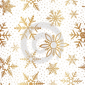 Snowflake golden seamless pattern. Winter gold background. Repeated elegant texture. Repeating delicate snow backdrop. Falling ran