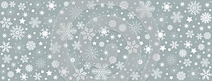 Snowflake gray background with white snowflakes, blue gray Christmas card - vector