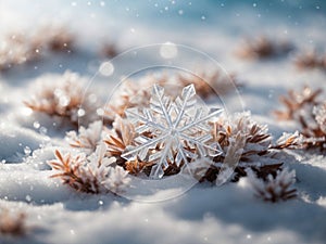 snowflake ice crystal on plants peeking through snow winter nature macro background