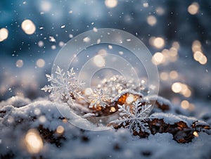 snowflake ice crystals macro snow falling on frozen ground with brown leaves and christmas lights at night