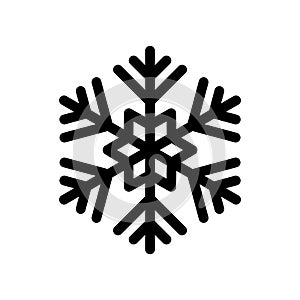 Snowflake icon. Black snowflake isolated on white background. Cold snow. Outline silhouette frozen crystal. Flake design winter