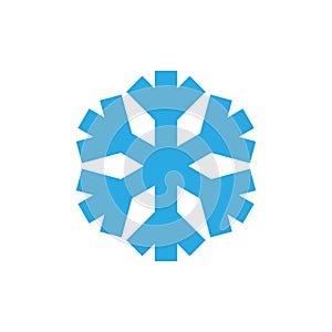 Snowflake icon. Blue silhouette snow flake sign, isolated on white background. Flat design. Symbol of winter, frozen