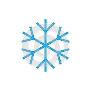 Snowflake icon. Blue silhouette snow flake sign, isolated on white background. Flat design. Symbol of winter, frozen