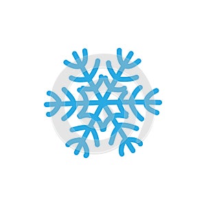 Snowflake icon. Blue silhouette snow flake sign, isolated on white background. Flat design. Symbol of winter, frozen