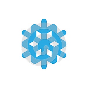 Snowflake icon. Blue silhouette snow flake sign, isolated on white background. Flat design. Symbol of winter, frozen