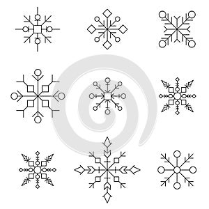 Snowflake icon set. White silhouette snow flakes signs, isolated on background