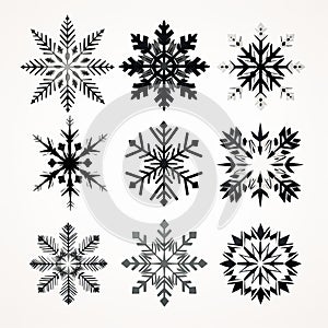 Snowflake Icons: Black And White Vector Set With Symmetrical Arrangements