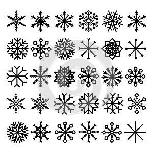 Snowflake icons. Cute snowflakes collection isolated on white background. Flat snow icons, silhouette. Nice element for Christmas