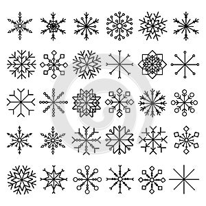 Snowflake icons. Cute snowflakes collection isolated on white background. Flat snow icons, silhouette. Nice element for Christmas