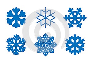 Snowflake icons set. Blue silhouette snow flake sign, isolated on white background. Flat design. Symbol of winter
