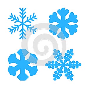 Snowflake icons set. Blue silhouette snow flake sign, isolated on white background. Flat design. Symbol of winter