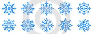 Snowflake icons set. Collection of blue snowflakes on white background